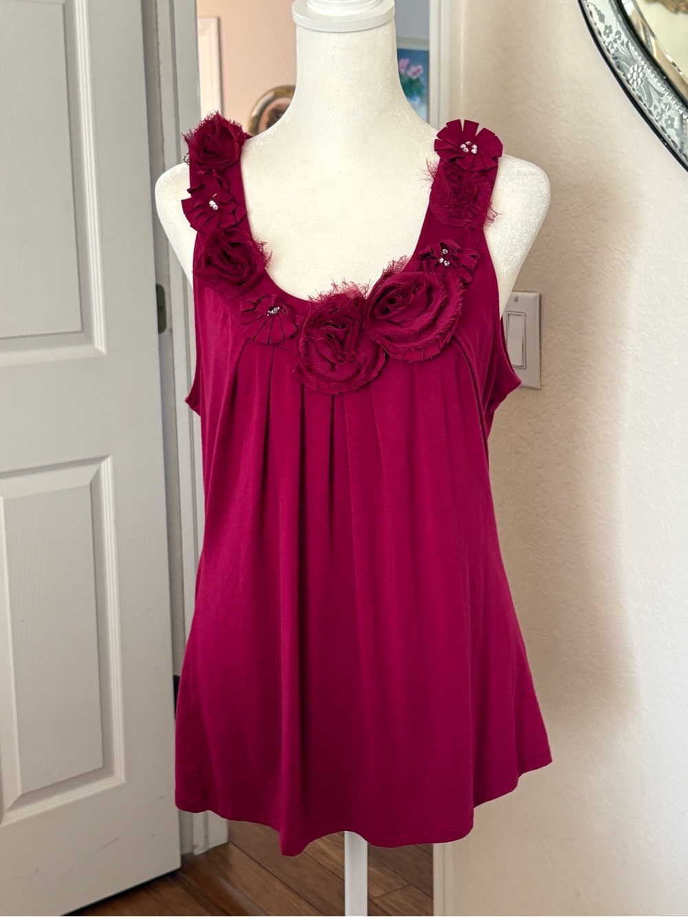 White House Black Market Raspberry Floral Appliqué Tank